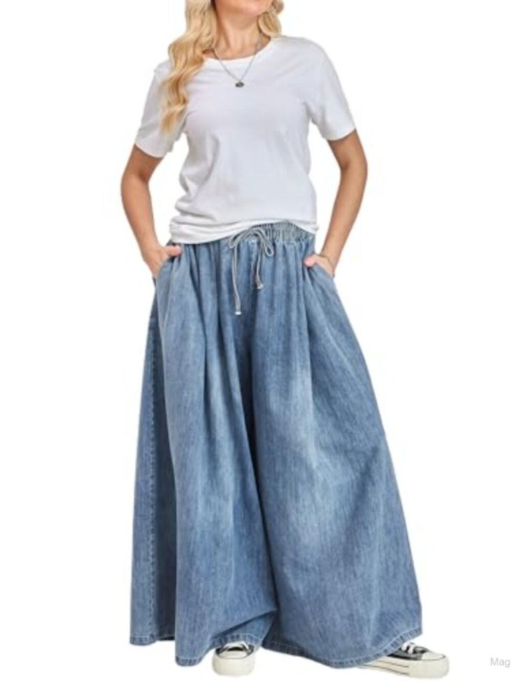 Extra Wide Leg Denim Jeans Women Elastic Waist Pockets Plus Size Loose Casual
